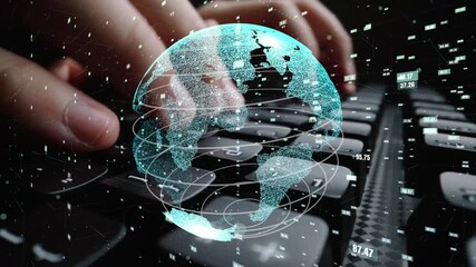Illustration of a digital globe overlay on a keyboard, symbolizing global connectivity and data analysis. This scene reflects modern technology and communication trends. Xenic - Powered by Adobe