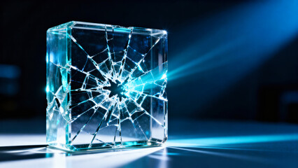 Cracked glass block glowing with vibrant blue light, highlighting sharp fractures and dramatic reflections in a dark setting.
