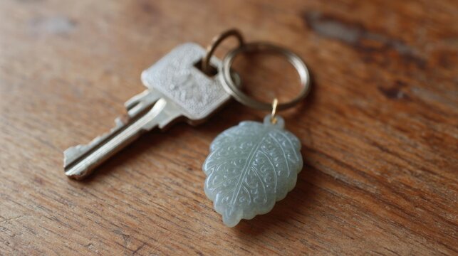 Keychain with a keyring attached to it. the keychain is made of metal and has a keyhole in the center. on the keyring, there is a small, oval-shaped pendant with a leaf-like design.