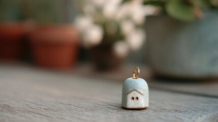 Small ceramic pendant in the shape of a house. the pendant is light blue in color and has a small hole in the center. it is attached to a gold-colored chain.