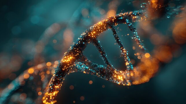 AI genomic analysis exploring a DNA helix of glowing data particles in a virtual