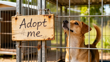 Dog gazes up at adopt me sign inside an animal shelter. Warm sunlight filters through, creating inviting atmosphere in outdoor facility. Concept of animal adoption, rescue services, pet shelters