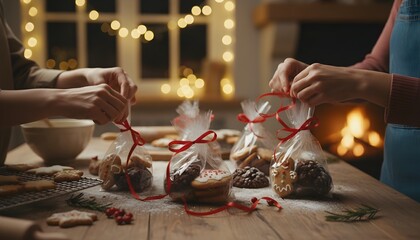 Cozy scene of Christmas preparation as two people pack homemade cookies into gift bags by the fireplace