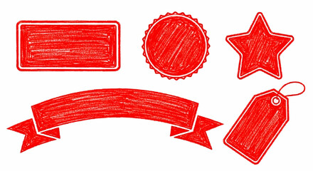 Collection of hand-drawn red shapes, including a banner, tag, star, and circular badge.