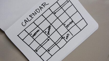 Timetable, Schedule, Calendar page with marked dates. Meeting, Dinner.