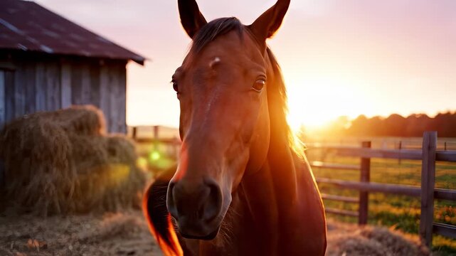 A beautiful horse stands in a tranquil farm setting, illuminated by stunning sunset light. The horse's gentle eyes reflect the warmth of the evening sun in the peaceful backdrop.