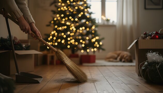 A person sweeps the floor with a broom during Christmas preparation, tidying up the house for the holidays