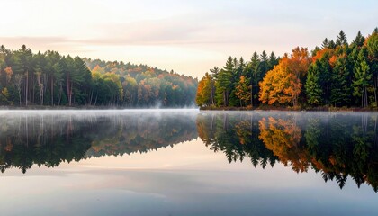 A serene lake at sunrise, shrouded in mist, perfectly reflects the vibrant autumn foliage of the surrounding forest.