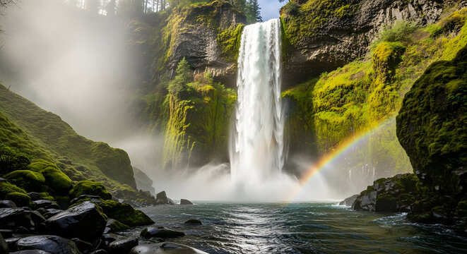A powerful waterfall cascading down rocky, moss-covered cliffs into a pool below, surrounded by vibrant, wet greenery.
