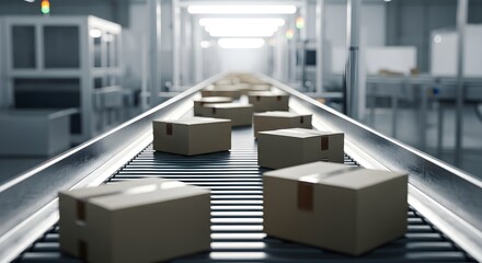 Efficient warehouse distribution with packages moving on conveyor belt system for delivery success