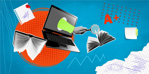 Trendy halftone pop art collage. Online education and learning concept. Computer laptop with hand, magnifying glass, glasses, notes, and floating books. New course, webinar. Smart thinking and brainst