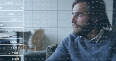 Man on sofa turning head, fixing collar, resting chin while finance overlay appearing, weighing FX