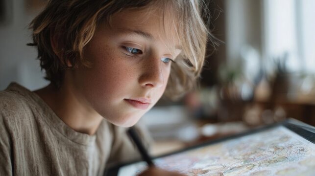 Young boy, probably around 6-7 years old, sitting at a table and working on a map. he is holding a pen and appears to be focused on the map in front of him.