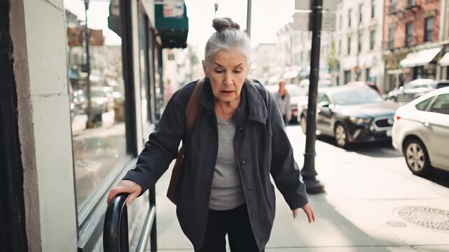 Senior woman stumbles on street. Elderly lady loses balance outdoors. Mature female almost falls walking. Shocked grandmother catches herself quickly.