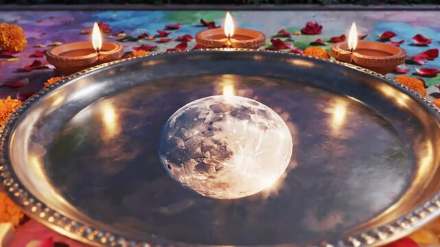Karva Chauth Moon Viewing Ritual Thali Diyas and Flowers Night Scene