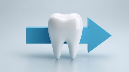 Single healthy tooth propelled forward by an arrow, representing dental improvement, on light blue background