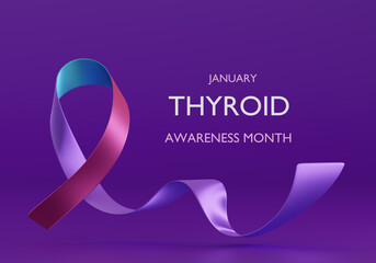 Blue, Pink, and Purple ribbon. Thyroid Awareness Month with Gradient Colors. Thyroid health awareness banner design. 3d rendering
