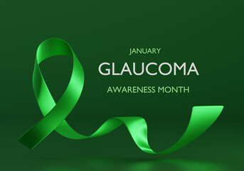 3d Vibrant Green Ribbon. World Glaucoma Awareness Month. Horizontal Web Banner, Design template for posters, banners and social networks, infographic magazines or websites. 3d render 
