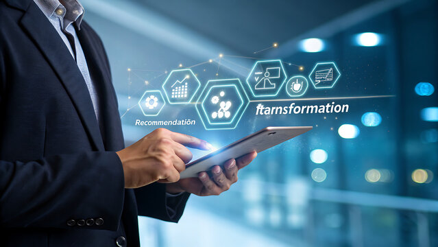 Businessman using digital tablet with transformation concept, new technology and business process strategy, automate operation, customer service management