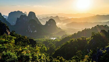 A breathtaking panoramic view of a misty mountain range bathed in the golden light of sunrise, with dense green forests covering the slopes and a small lake nes