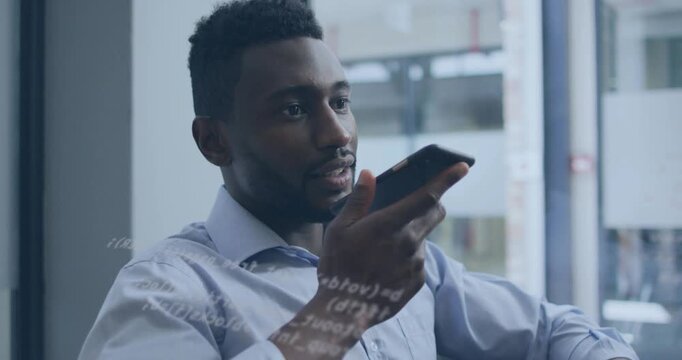 Man lifting phone, speaking and listening during business call while code overlay appearing on face