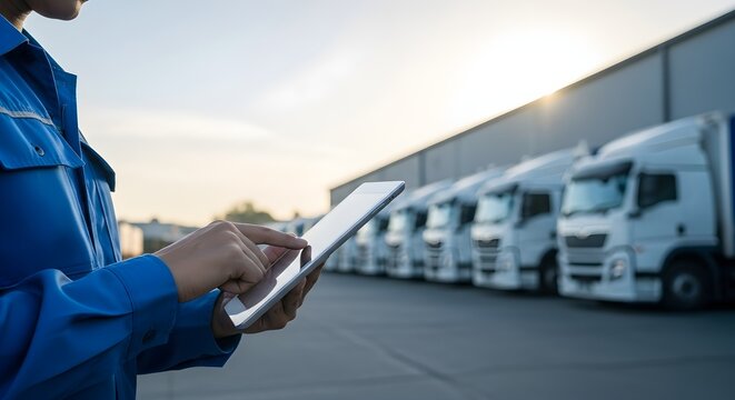 Modern logistics manager uses tablet to coordinate fleet of trucks for efficient supply chain