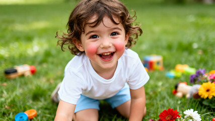 Child with curly hair crawls joyfully across soft green grass. Vibrant toys scattered around create an inviting outdoor play area