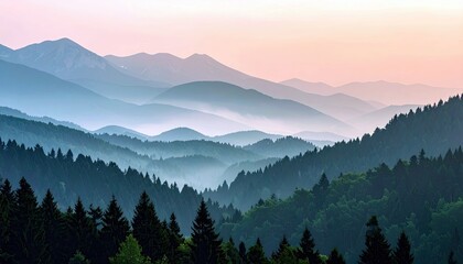 A panoramic view of layered mountain ranges shrouded in mist at sunrise, with dense evergreen forests in the foreground.