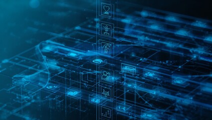 Digital health connections, data streams and tech solutions for modern healthcare in a vibrant, innovative, and professional setting