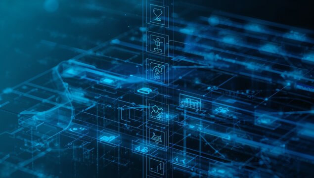 Digital health connections, data streams and tech solutions for modern healthcare in a vibrant, innovative, and professional setting