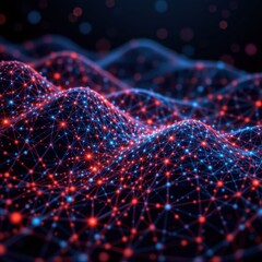 Abstract Visualization of a Three Dimensional Network of Glowing Data Points and Waves