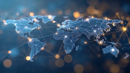 Global connections across the world map with glowing network nodes, representing international business and digital transformation for a connected future