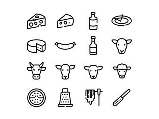A collection of stylized icons representing dairy products, meat, and related tools.