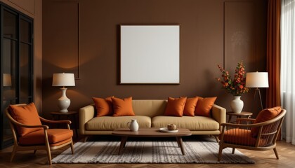 Stylish Living Room Interior Design with Neutral Brown Walls and Orange Accents in Modern Home