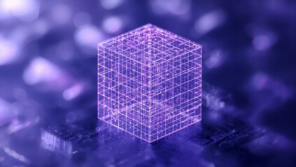 Modern glowing cube for tech innovation, futuristic technology, and data science applications, showcasing advanced concepts with a vibrant purple aesthetic