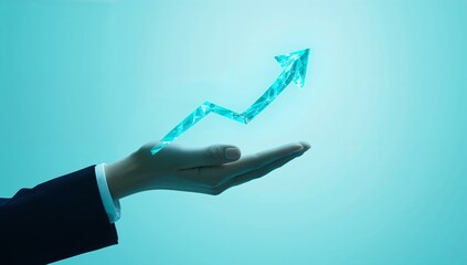 Boost your business growth with this modern, tech-inspired up arrow held in hand, perfect for presentations, websites, and marketing materials promoting success