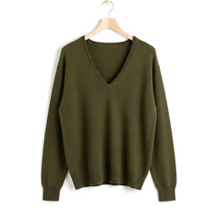Green olive V-neck long sleeved sweater hanging on white background