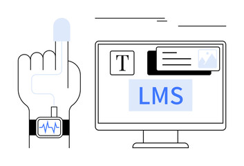 Hand with smartwatch displaying heartbeat and finger tap near a computer screen with LMS software interface. Ideal for e-learning, technology, education, health monitoring, user experience, digital