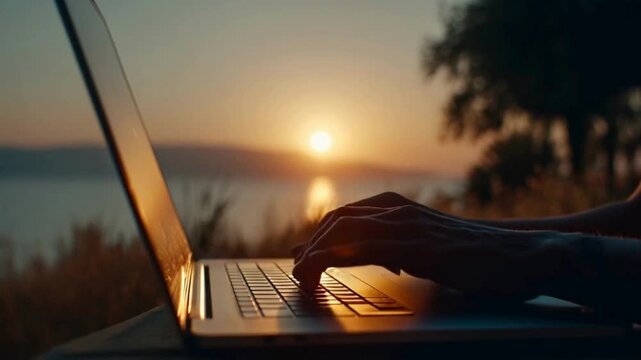 Laptop silhouetted at sunset with tranquil outdoor setting by the water | Remote work at dusk: open laptop on deck overlooking peaceful landscape | Evening productivity scene: laptop glowing as sun se