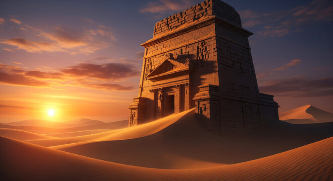 Massive stone ancient tomb structure in vast desert at sunrise - Powered by Adobe