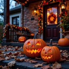 Obraz premium Festively Decorated Porch with Carved Pumpkins and Autumn Leaves in Evening Light
