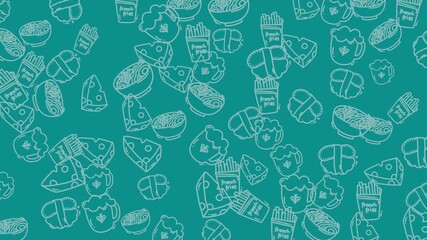 A flat vector illustration of assorted food items on a teal background, creating a playful pattern