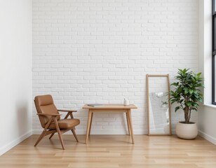 Minimalist Interior Design Featuring a Cozy Chair and Wooden Table in Soft Natural Lighting