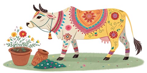 Naklejka premium Vibrantly decorated indian cow with flowers and holi colors