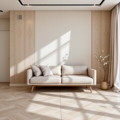 Elegant Modern Living Room with Beige Sofa Surrounded by Natural Light and Wooden Accents