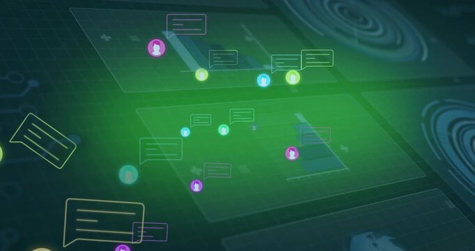 On spawn neon avatars drifting, grouping and spawning chat boxes showing network activity
