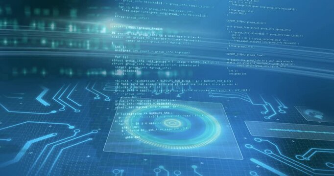 Cyan glow starting holo panel, ring HUD emerging, pulsing, code falling, view tilting, showing data