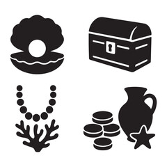 Collection of black silhouette icons depicting treasure pearls and ancient artifacts vector illustration set