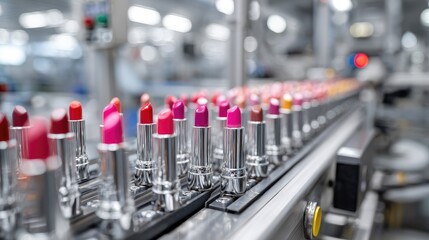 Lipsticks lined on assembly line, vivid colors, industrial background