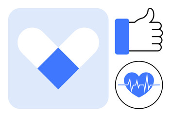 Healthcare concept. Icons of a blue heart with an ECG line, a symbolic heart shape, and a thumbs-up expressing approval. Healthcare applications, diagnosis, heart fitness, apps, well-being